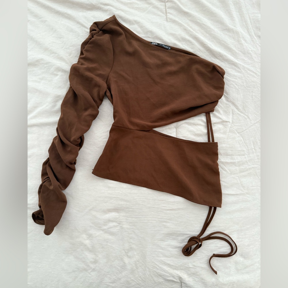 Zara Brown One-Shoulder Ruched Top
